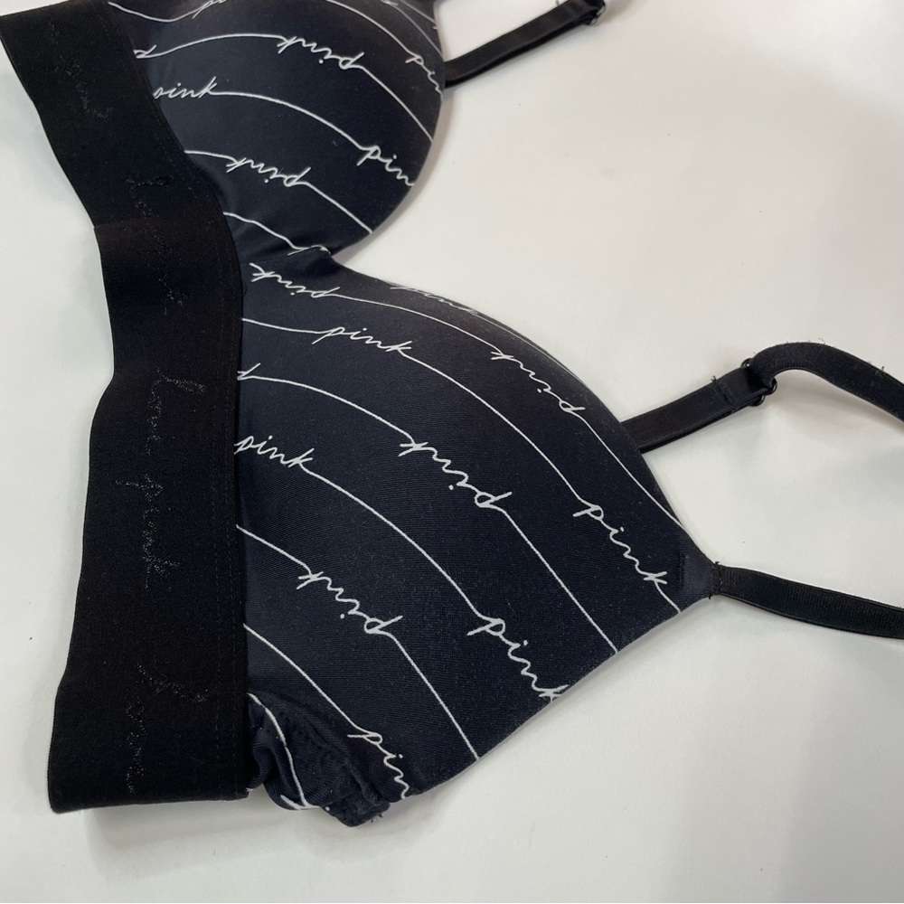 PINK Victorias Secret 32B Wireless Pushup Bra Black White Spell Out Padded - Picture 2 of 10